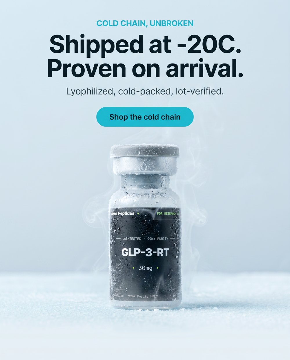 A frost-covered GLP-3-RT vial — shipped cold-packed and lot-verified.