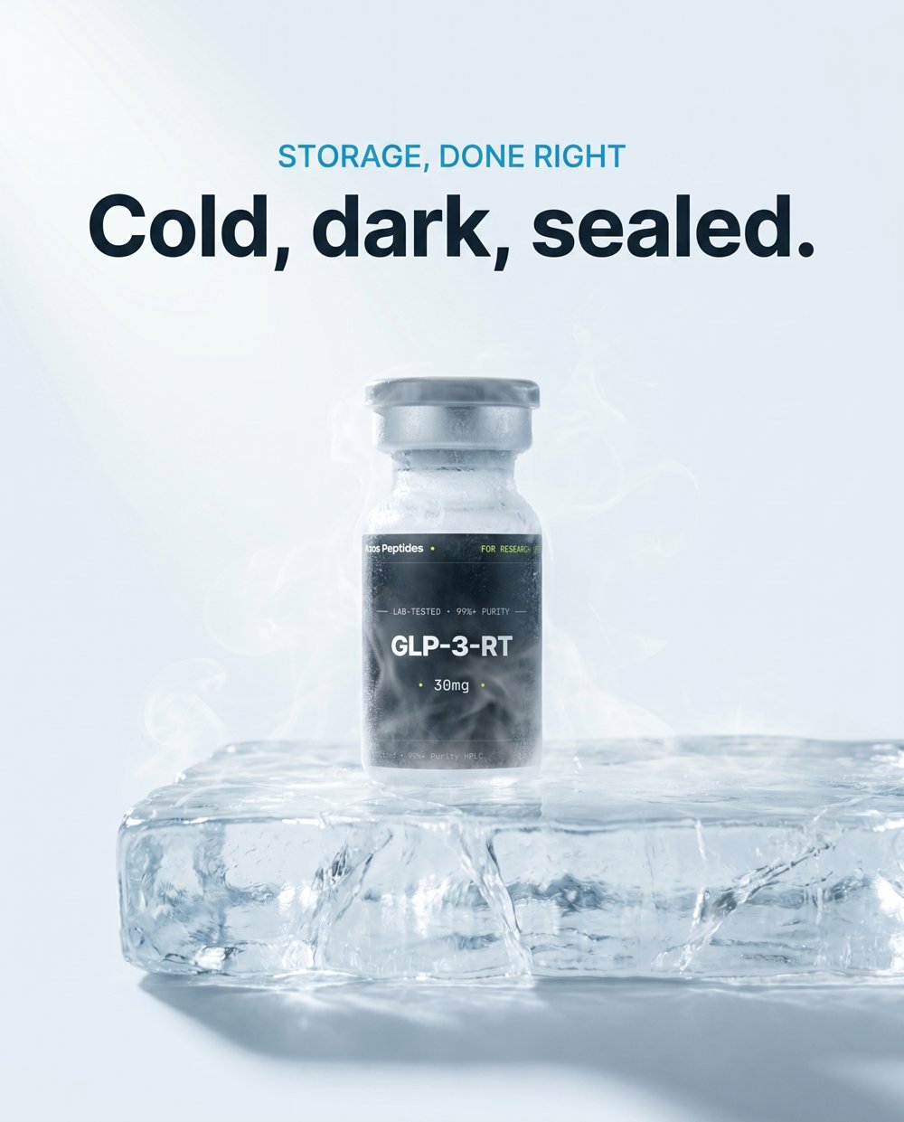 A frost-dusted GLP-3-RT vial on a slab of ice — cold, dark, sealed.