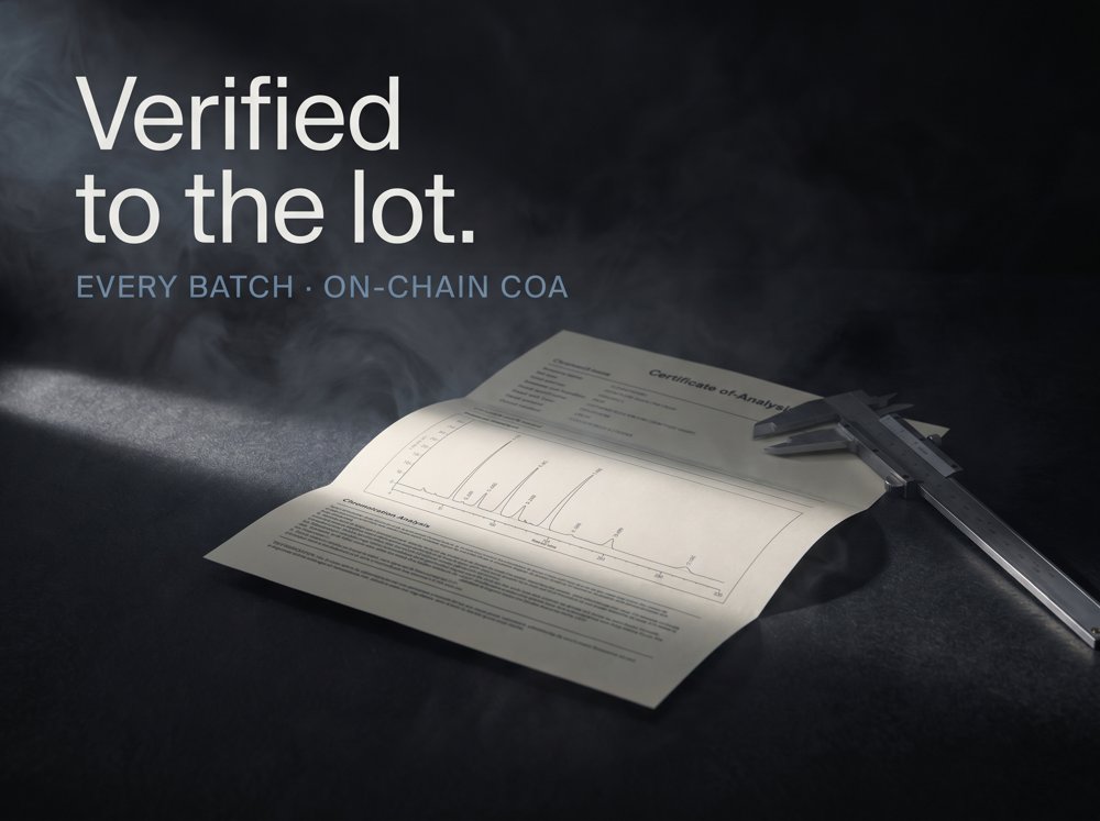A certificate of analysis with an HPLC trace beside a caliper — verified to the lot, on-chain COA.